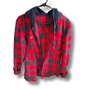 Red and black Flannel with Hood and Distressed Bottom Sz M